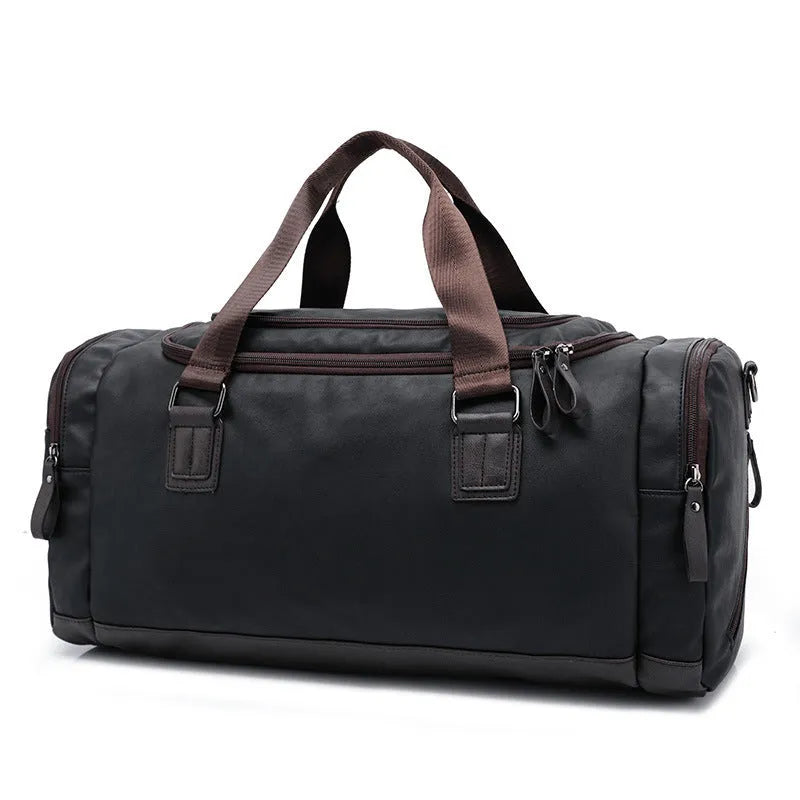 Men's large capacity PU leather gymnastic valise in solid colour black blue brown for travel