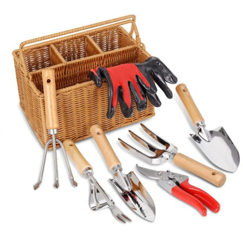 9pcs gardening tool set with wooden handle stainless steel hoe shovel pruning scissors and gloves