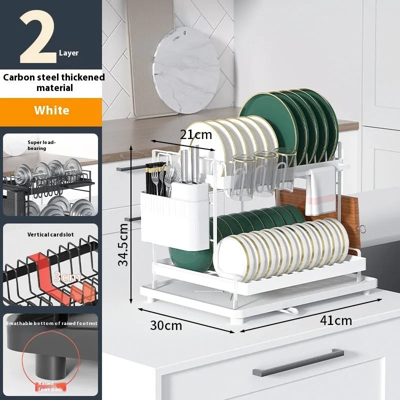 White and black double-layer kitchen storage rack with removable draining section