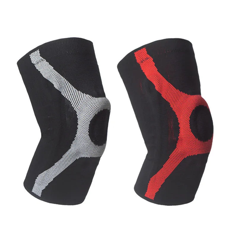 Silicone knitted sports kneecaps in grey and red colours for running and climbing protection