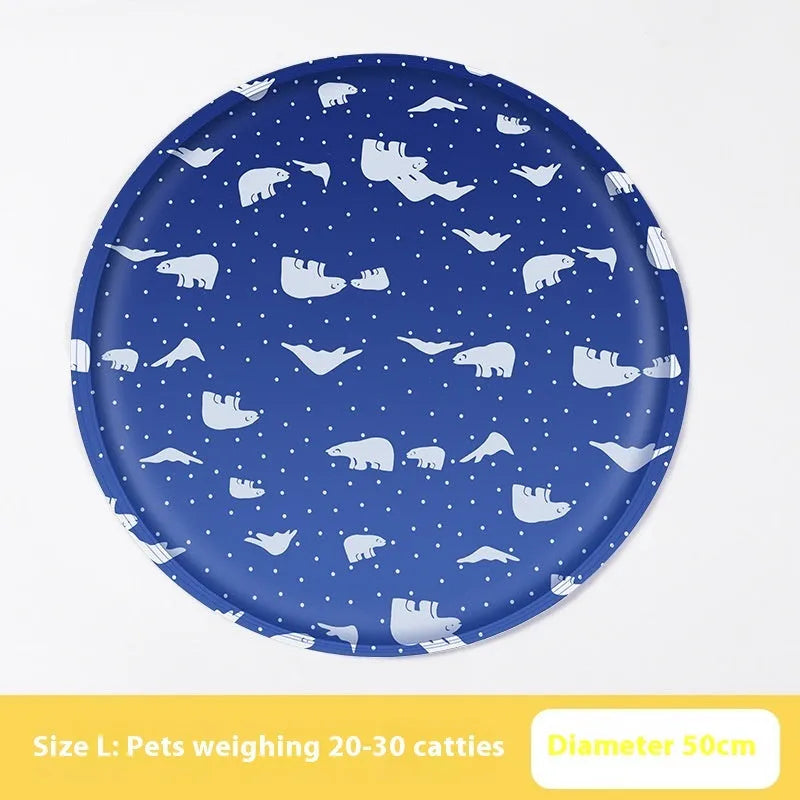 Round pet cooling mat with cartoon dog design, gel-filled for summer heat relief.