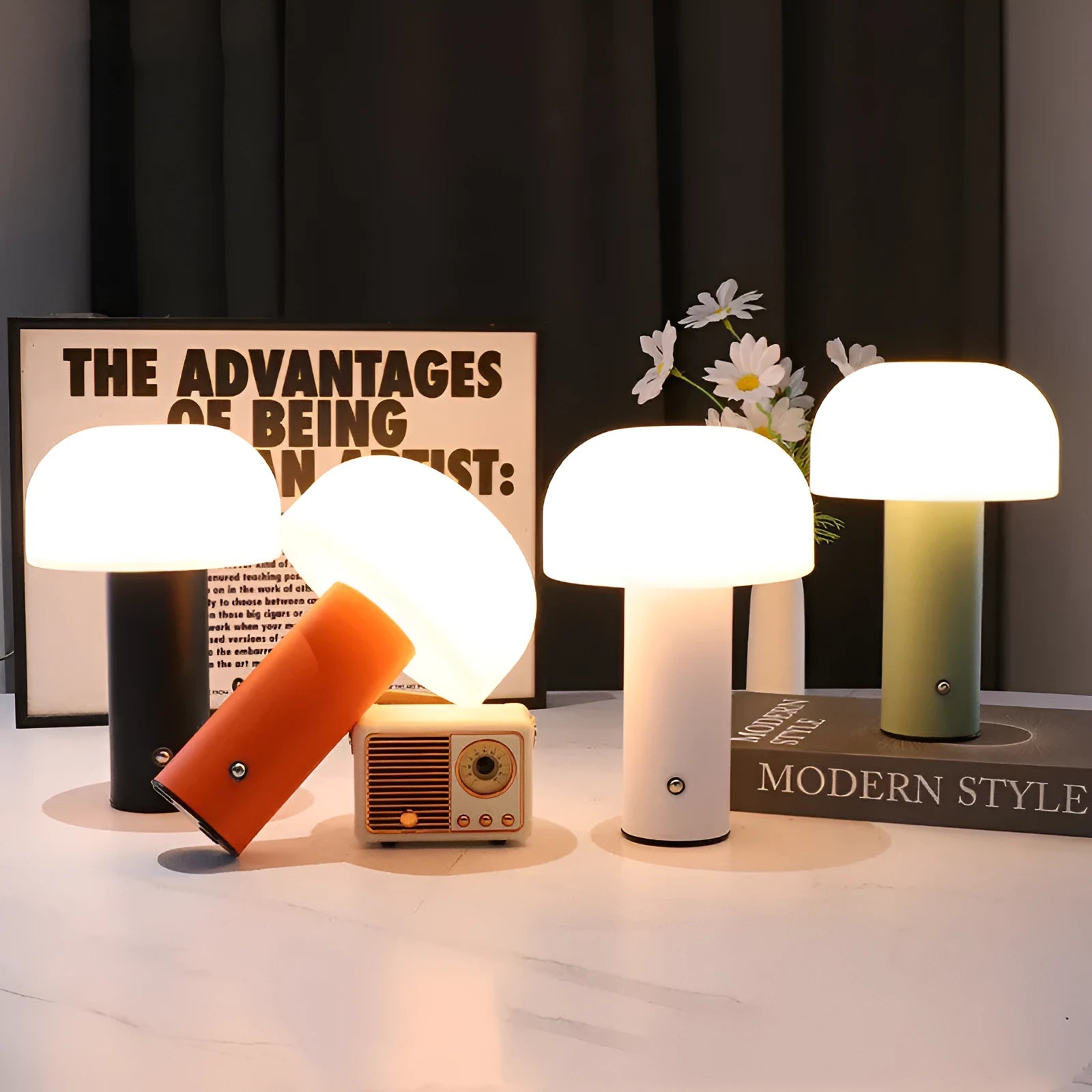 Plastic USB table lamp with charging port in black, white, orange, or green colour.