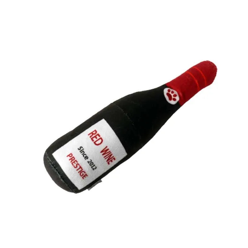 Plush wine bottle pet toy for dogs and cats in assorted colours