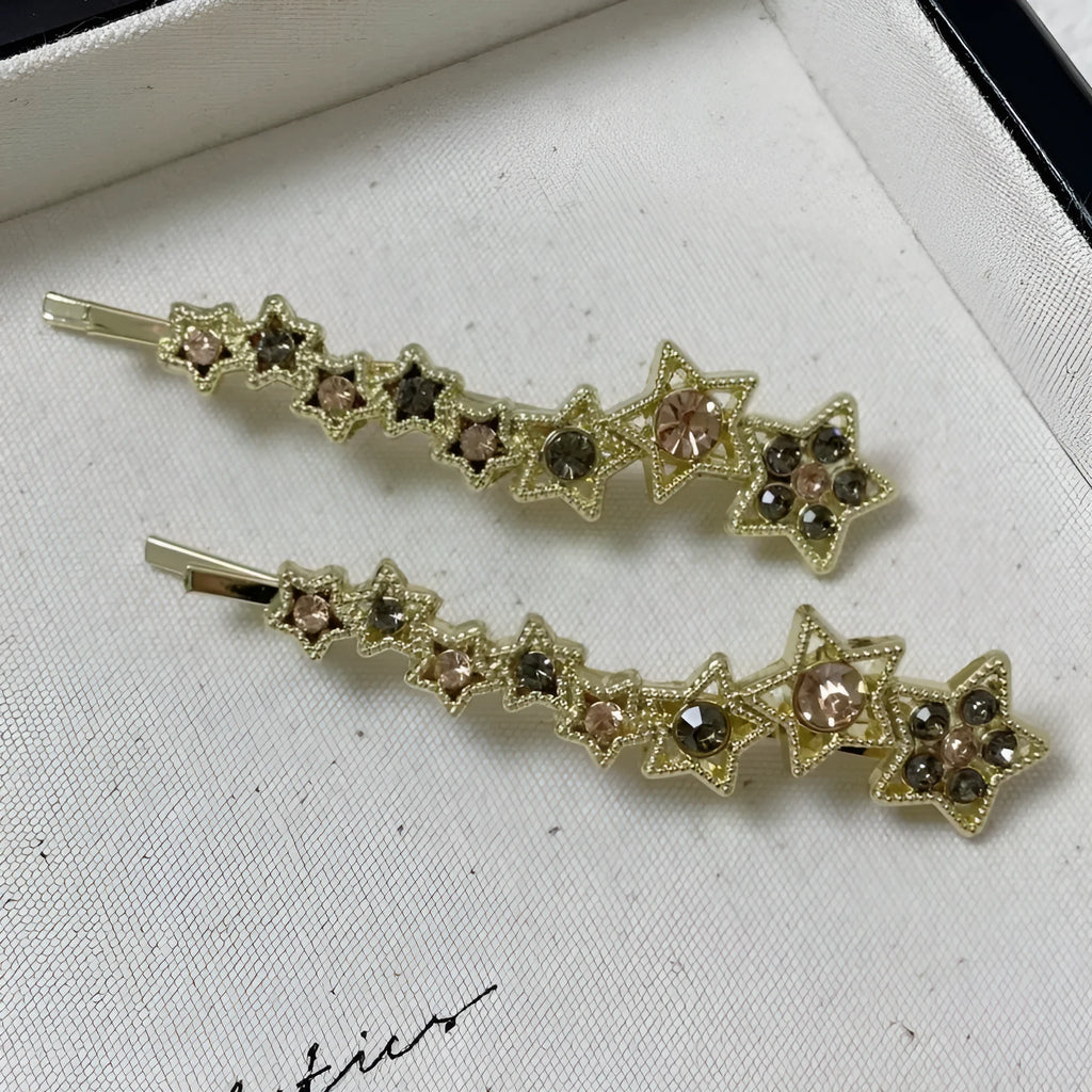 Gold Korean style rhinestone barrette with five-pointed star decoration and side clip for bangs