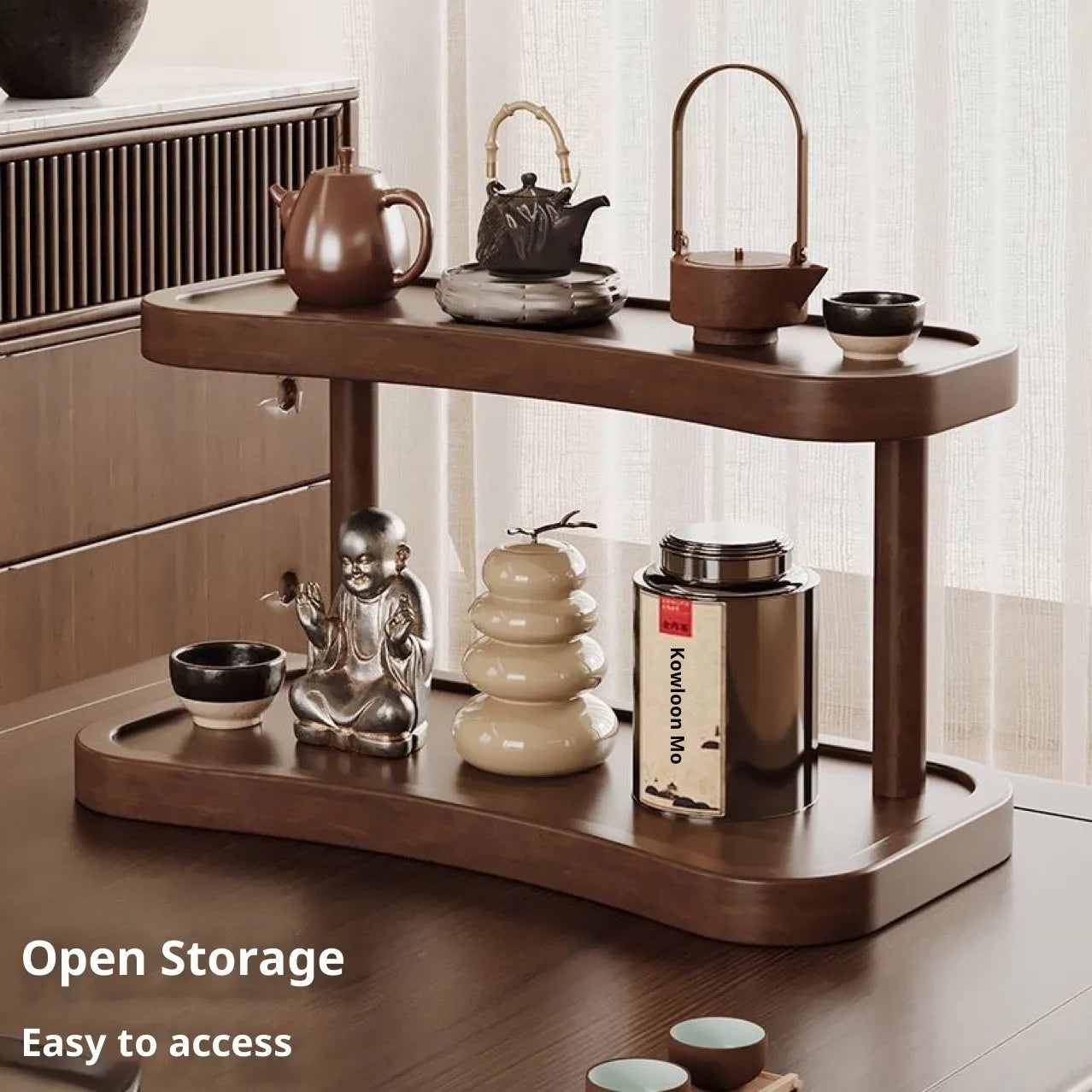 Two-layer bamboo cup storage rack on a tabletop with small items organised on both tiers
