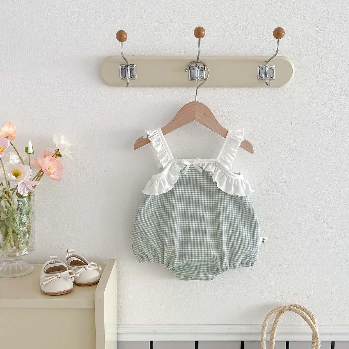 Girls summer jumpsuit in light green or pink, sleeveless cotton triangle romper with ruffle stripes, 66cm to 90cm