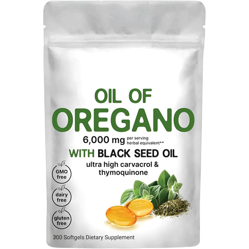 Bottle of butter-flavoured black seed oil soft gel capsules for adults, showing 180 or 300 tablet option.