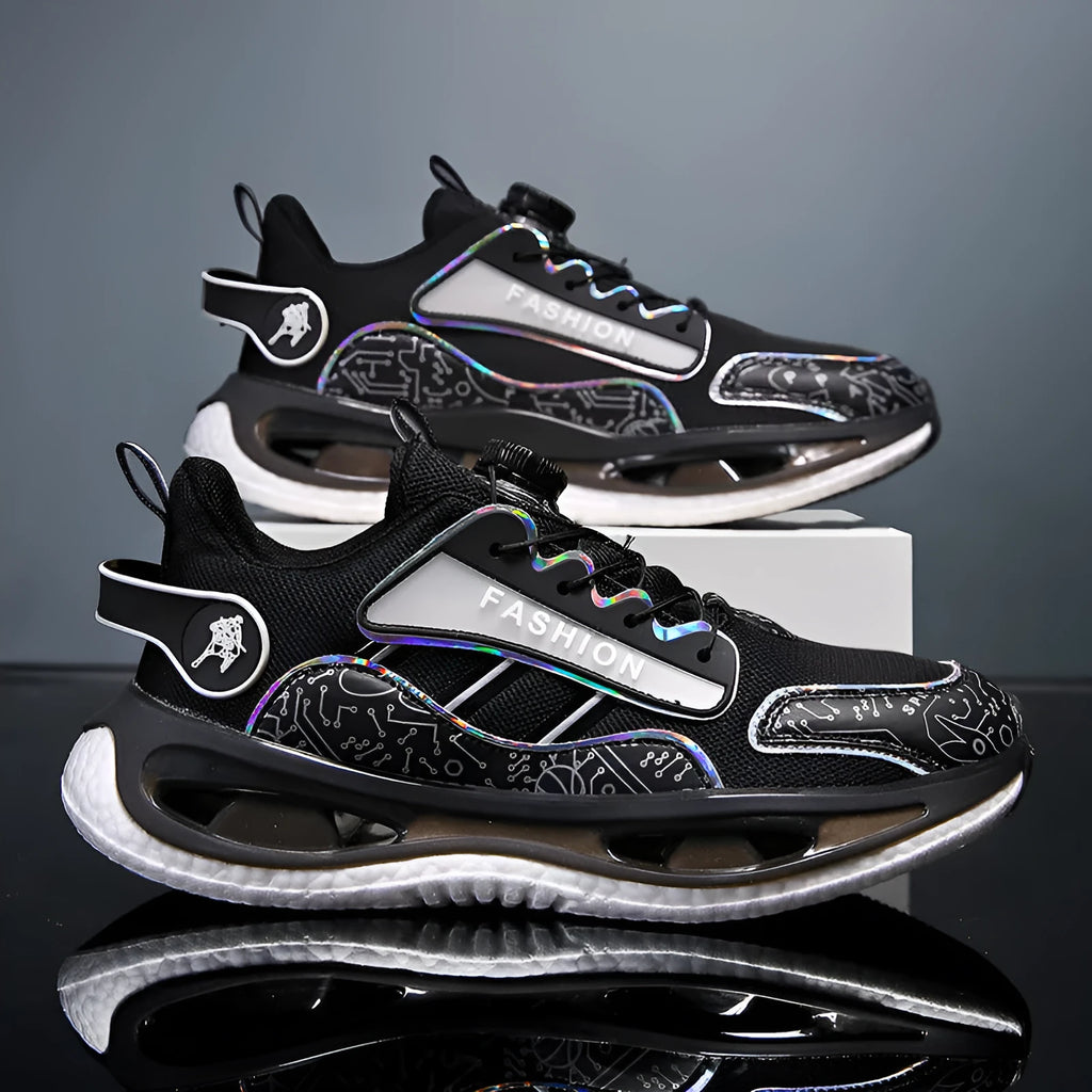 Men's low-top mesh sports shoes in solid colours with elastic band and popcorn TPU sole.