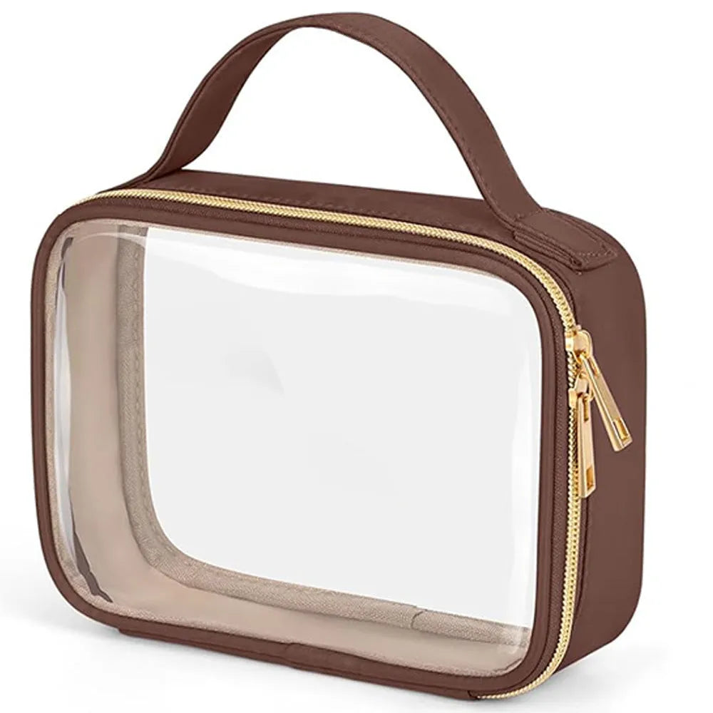 Transparent PVC makeup organiser bag with chain handle in assorted colours on a plain background.