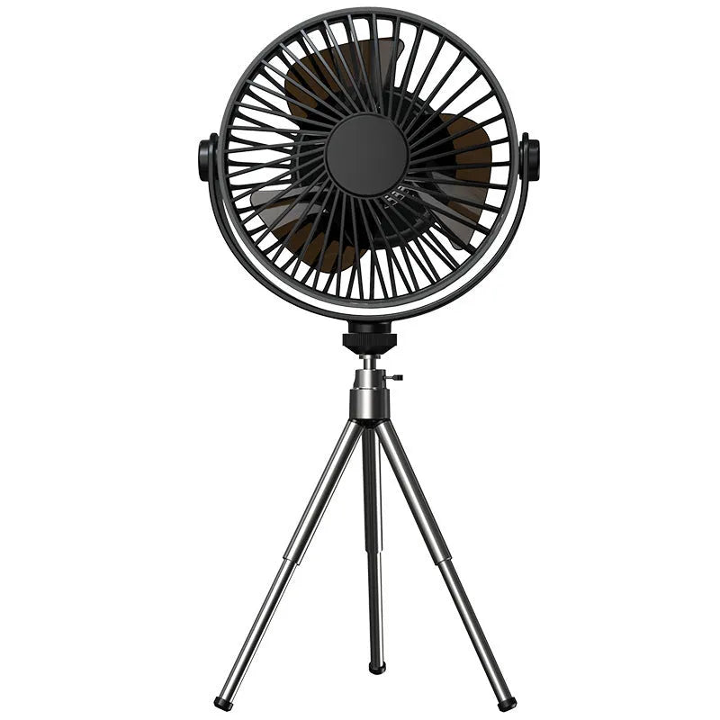 White USB rechargeable camping fan on aluminium tripod showing front view