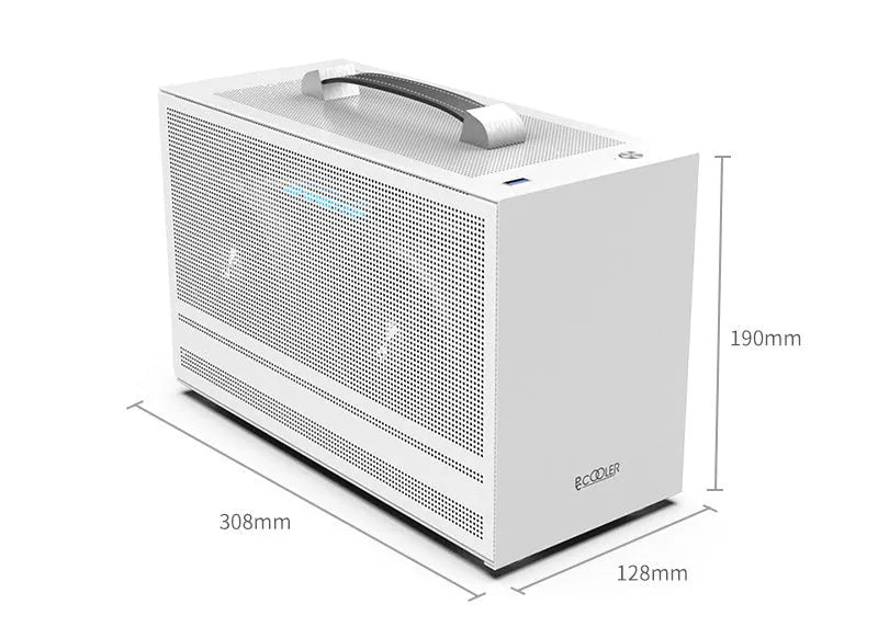 Three Hummingbird Portable mini-ITX steel computer case in titanium grey on a desk