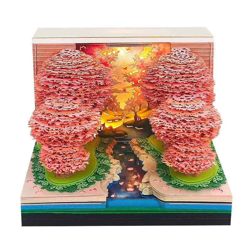 Peach Blossom Forest paper-cut calendar with 2026 weekly layout and paper brick design