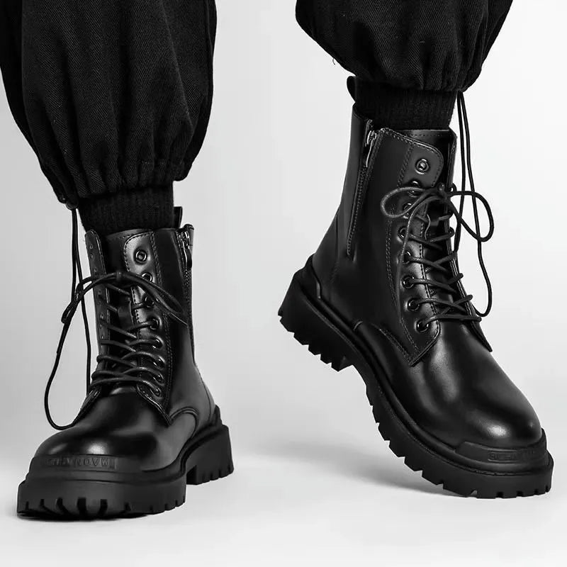 Men's black mid-top waterproof leather boots with rubber soles on size label