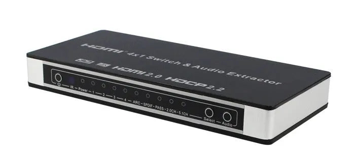 Black HDMI audio separation switch with four inputs and one output, remote control, and UK power adapter