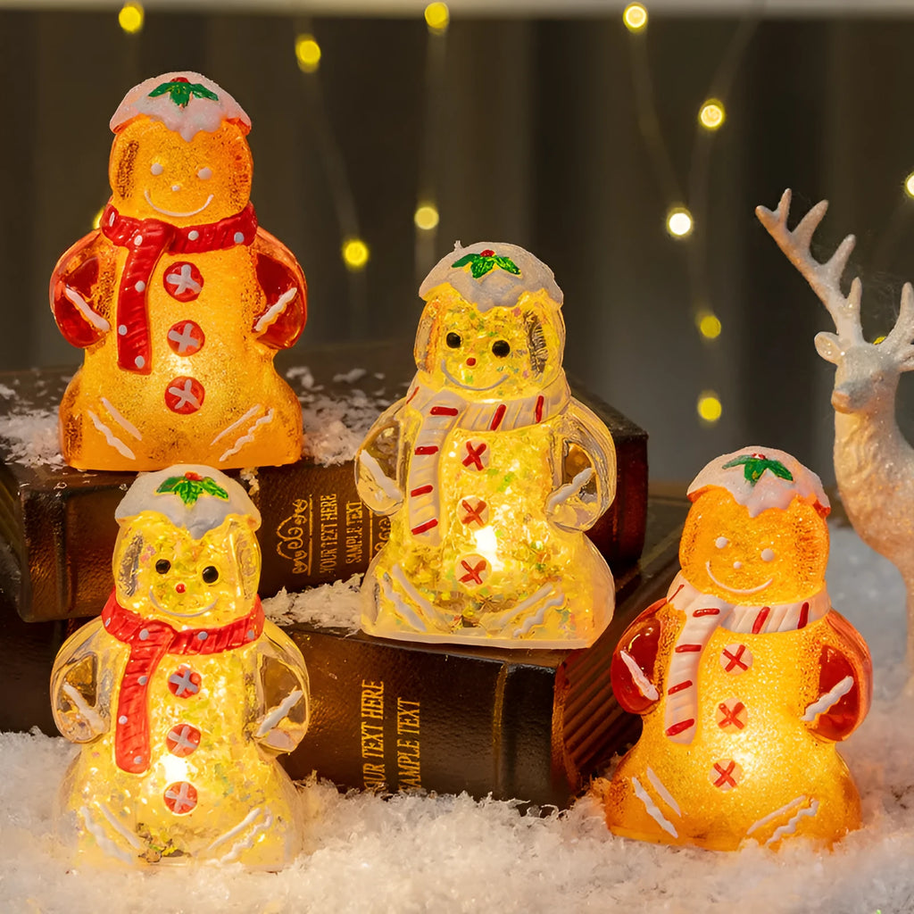 Glowing plastic gingerbread man Christmas ornament with LED light and scarf, in four colour variations.