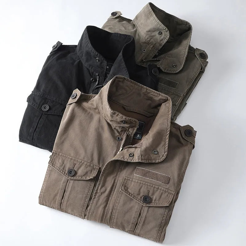 Men's loose fit cotton zip jacket in light brown, green, or black