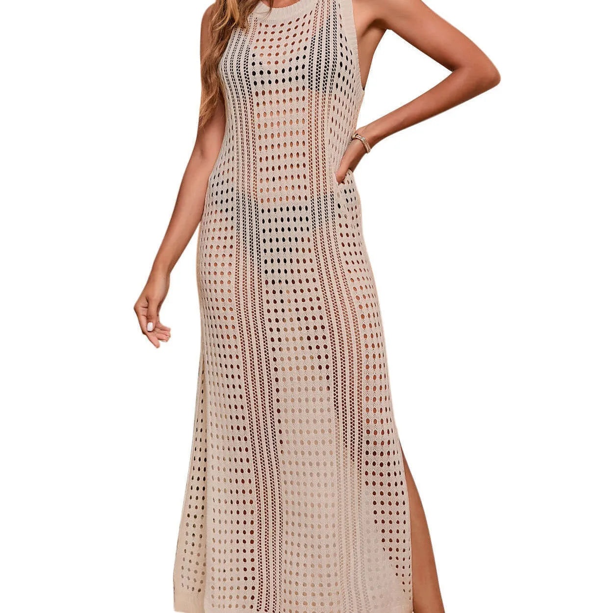 Loose beach knitted blouse with hollow-out pattern in solid colour on hanger