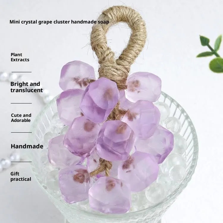 Handmade crystal grape soap with brown cotton string on a surface, 25g gift set