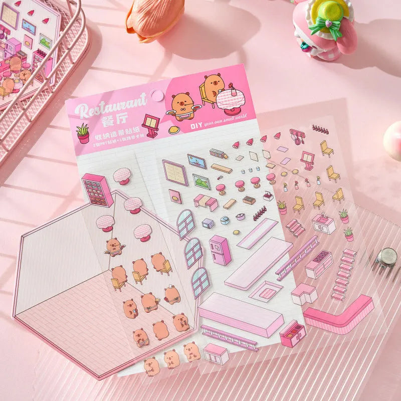 Set of eight colourful Capabala 3D business-themed cartoon stickers including bakery and bookstore designs.