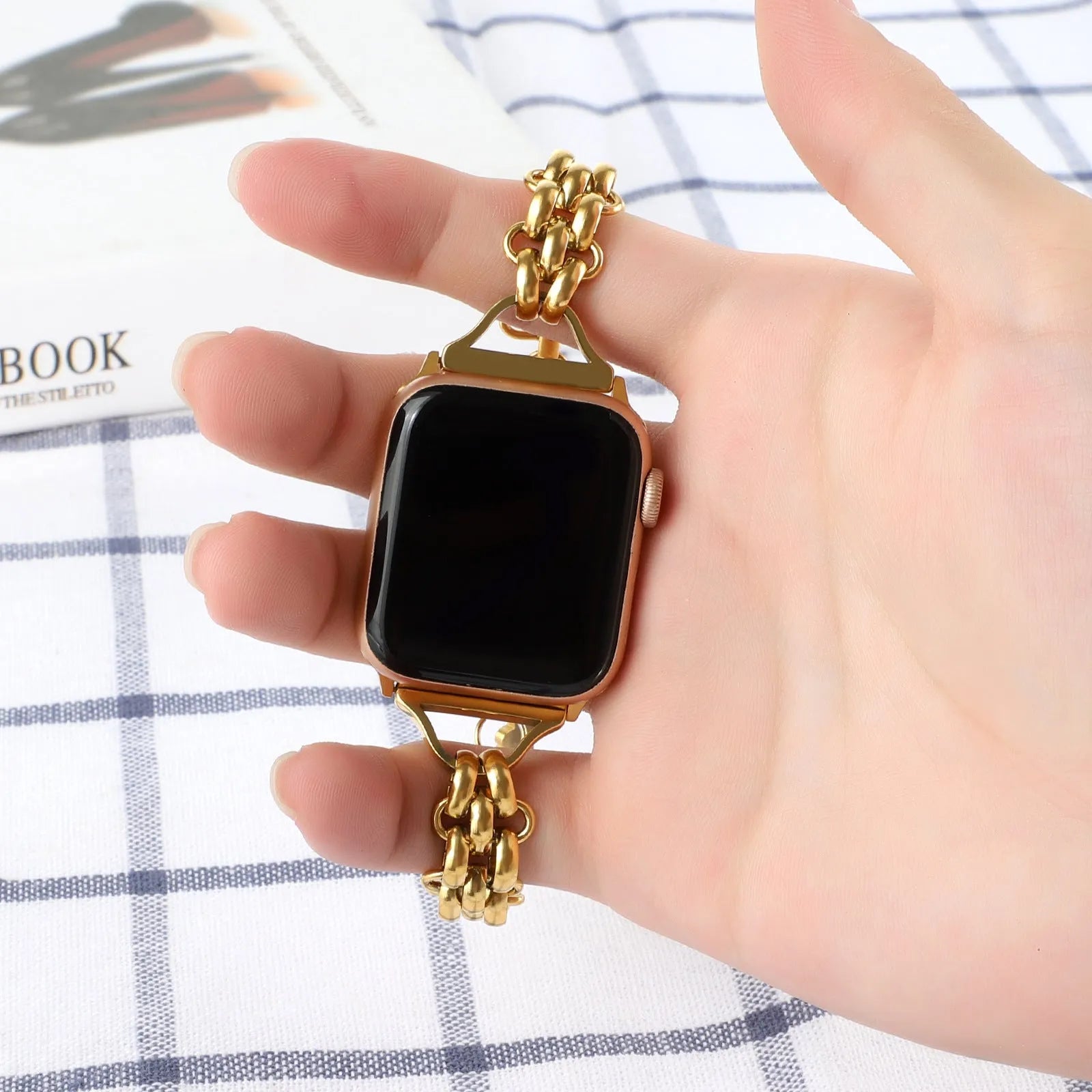Stainless steel double row chain watch band for Apple Watch in silver colour