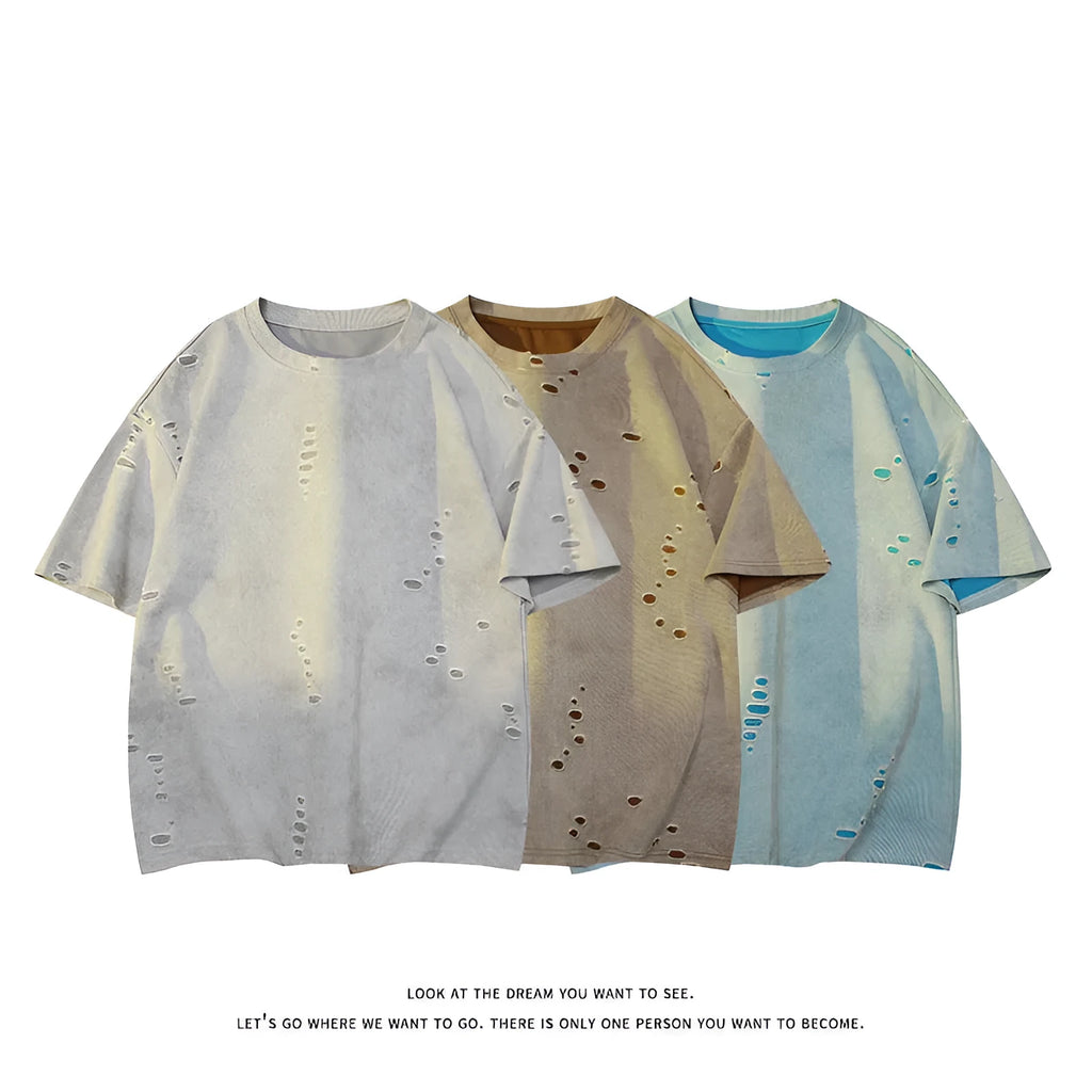 Men's loose blue cotton blend short sleeve t-shirt on a hanger