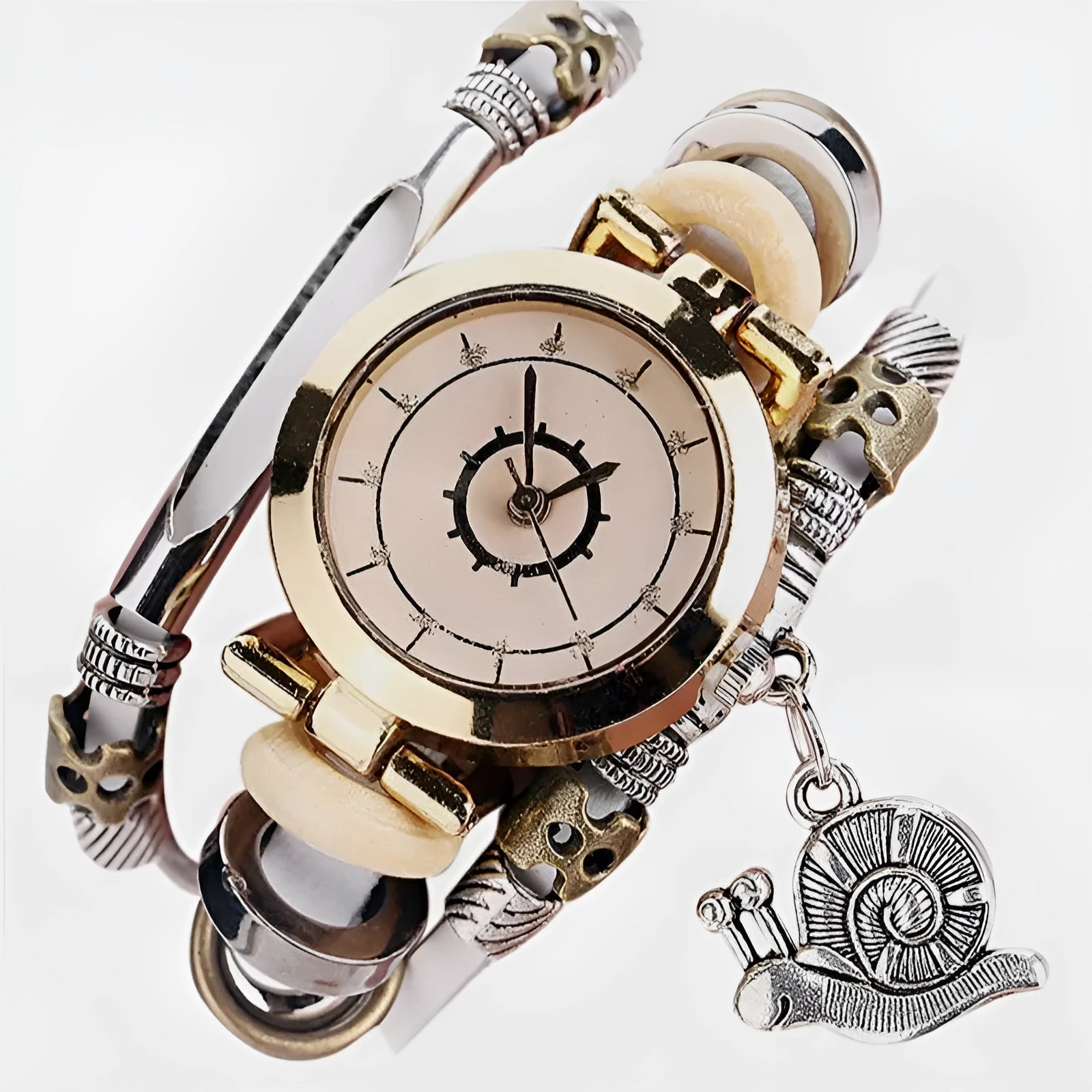 Women's vintage bracelet watch with coiling leather strap and snail pendant in Mori style
