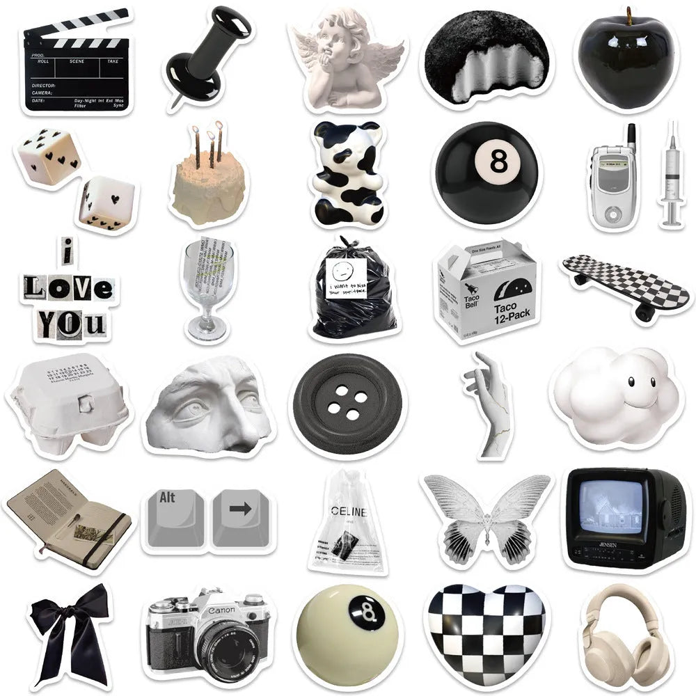 61 black and white coffee and tea themed PVC vinyl stickers for decoration.