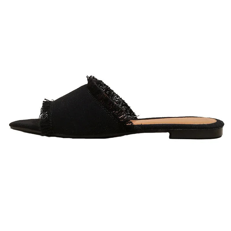 Women's denim slippers with tassel detail in multiple colour options