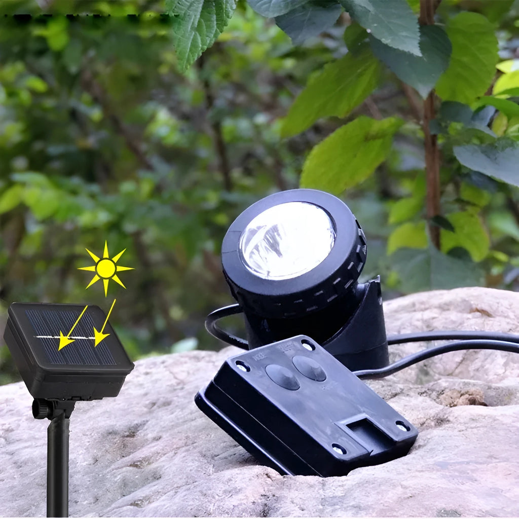 Solar IP68 underwater lamp for water landscape and courtyard pond, available in white, warm white, or colourful light with small, large, or 5W solar panel options.