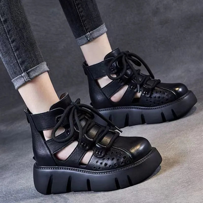 Women's black platform sandals with fish mouth toe and hollow hole leather design