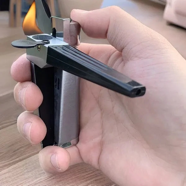 Silver foldable metal pipe lighter showing open stash compartment and ignition mechanism