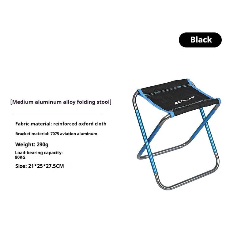 Black portable aluminium alloy folding stool for camping and outdoor use
