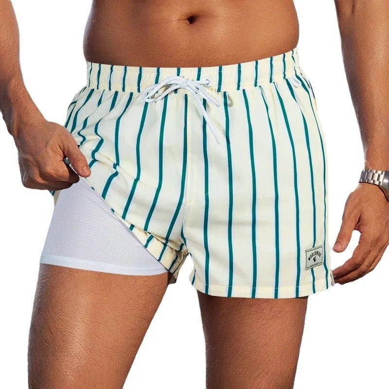 Men's loose boxer cut swimming trunks in quick-drying spandex fabric with micro-elastic properties