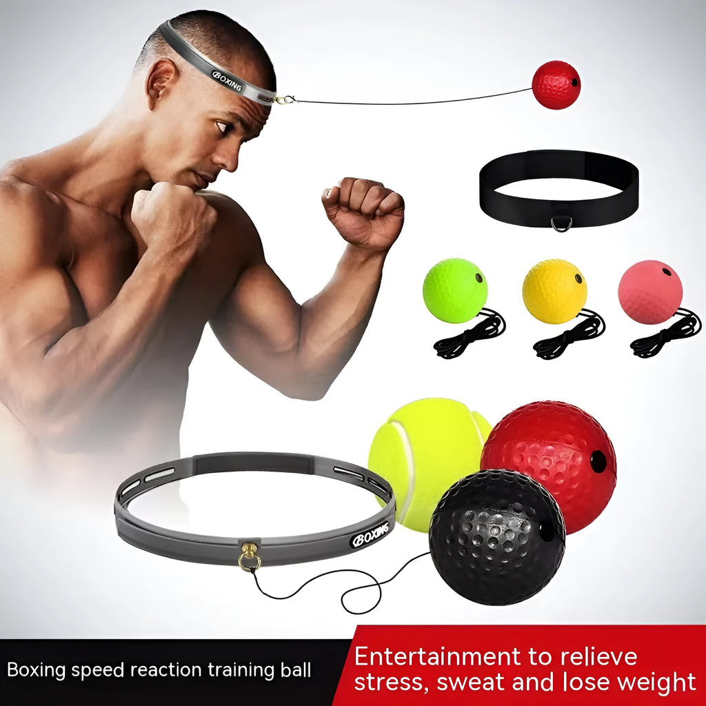 Head-mounted boxing reaction ball training set with adjustable headbands and multiple coloured balls