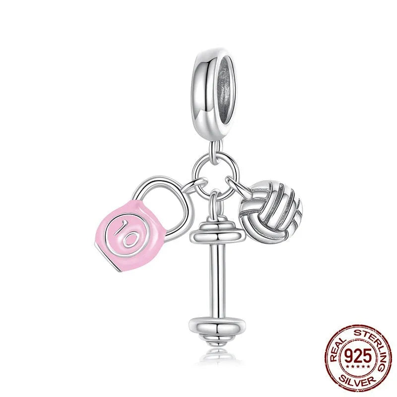 S925 sterling silver kettleball volleyball dumbbell shaped bead with drip oil finish, 2.3cm high, 1.5cm wide