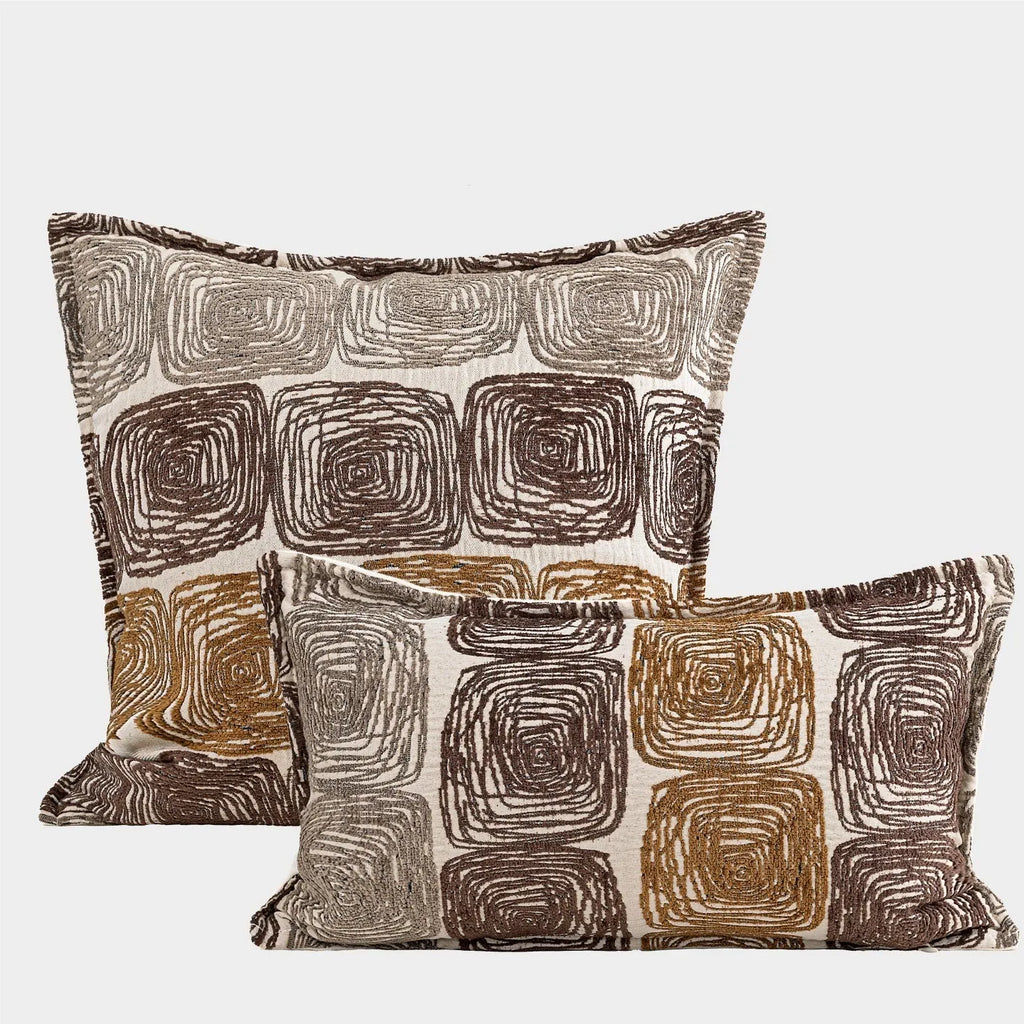 Cream and coffee-coloured abstract coil pattern pillow cover set with square and rectangular options