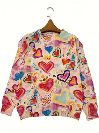 Loose-fit women's digital printed polyester top with lapel collar, shown in a graphic design.