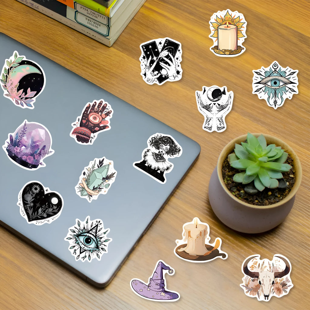 Bohemian wizard graffiti stickers, 50-sheet pack, PVC matte film, 5-7cm retro style in three colour options.