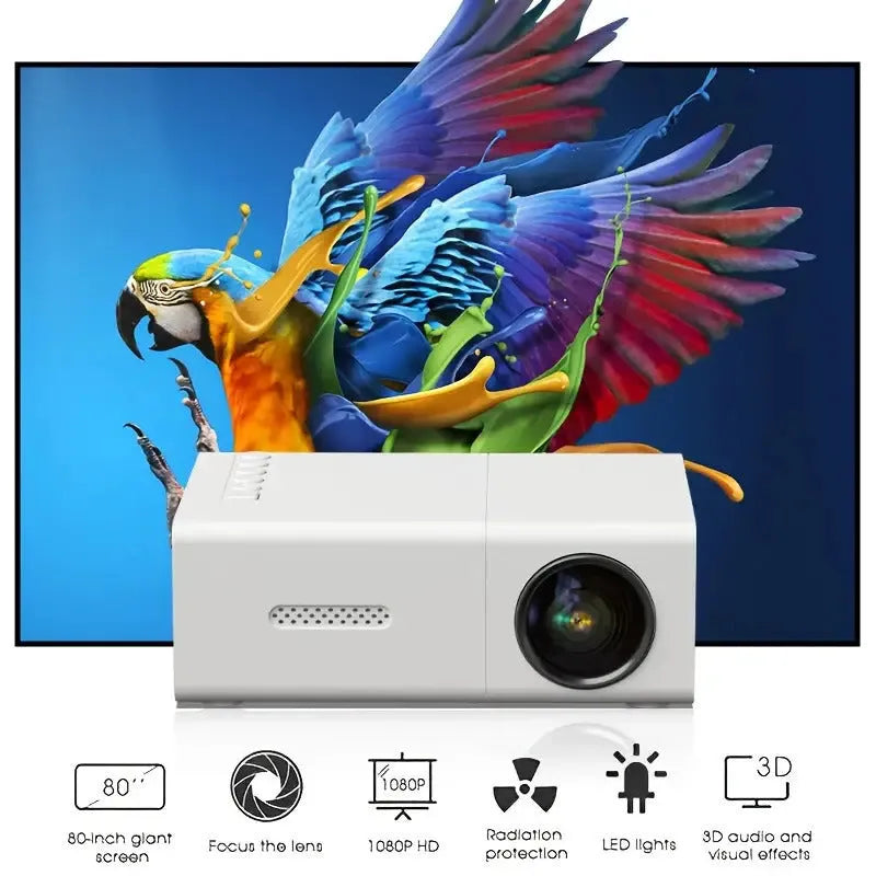 White and black portable M100 LED mini projector showing remote control and cables for 100-inch home projection.