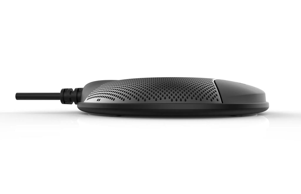 Black USB condenser microphone for conferences and gaming on a desk.