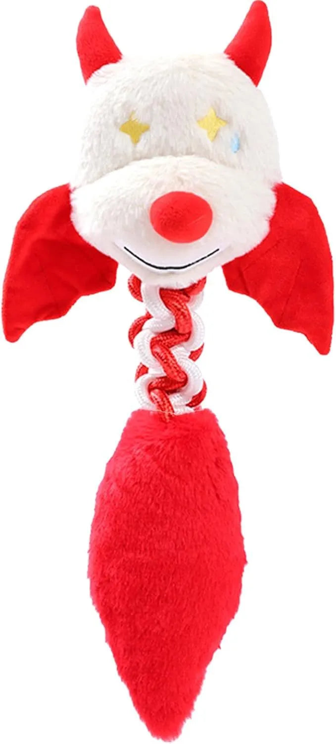 Soft rabbit fleece plush dog toy with a rope knot, shown in black, green, or red.