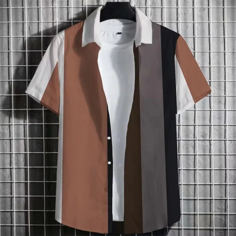 Men's linen short sleeve T-shirt with a 3D printed striped pattern, shown in multiple colour options.