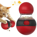 Colourful rotating plastic cat toy with a super ball, shown dispensing treats.