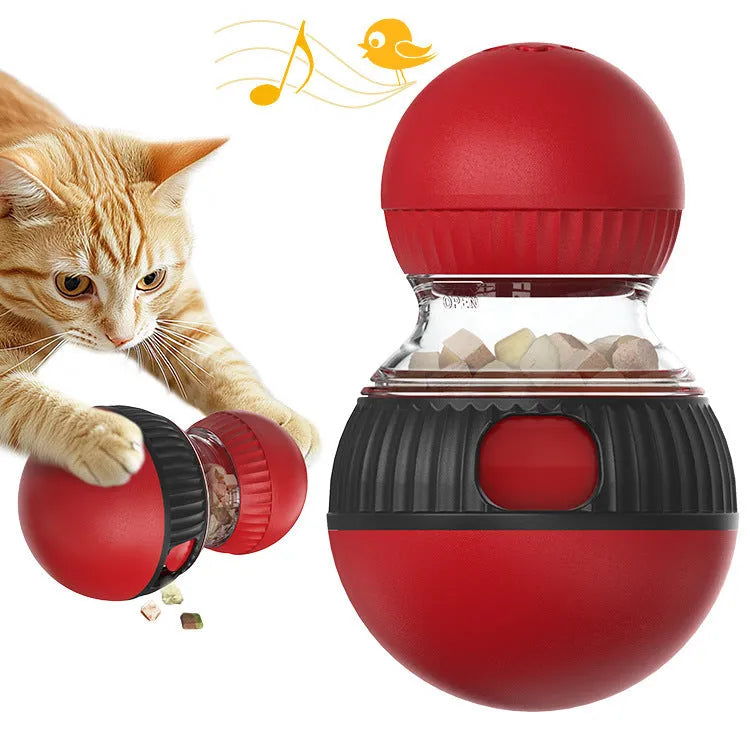 Rotating plastic cat toy ball with treat dispenser and motion-activated sounds in super ball colour