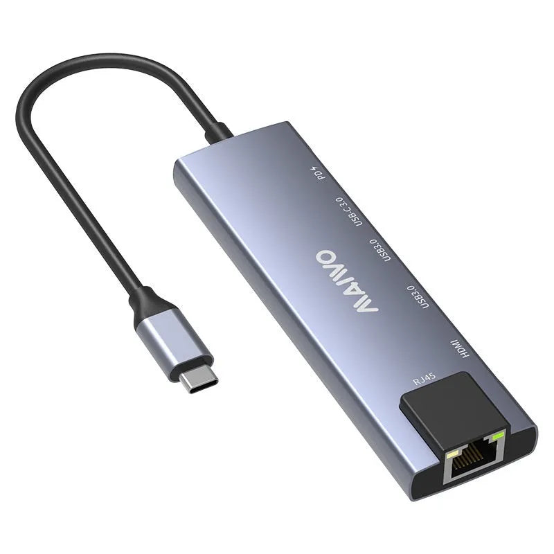 Steam Deck six-in-one aluminium docking station with Type-C cable, HDMI, USB, and Ethernet ports.