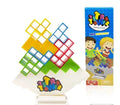 Plastic balance stacking tower game with 16 coloured building blocks, chassis, and base on a table.