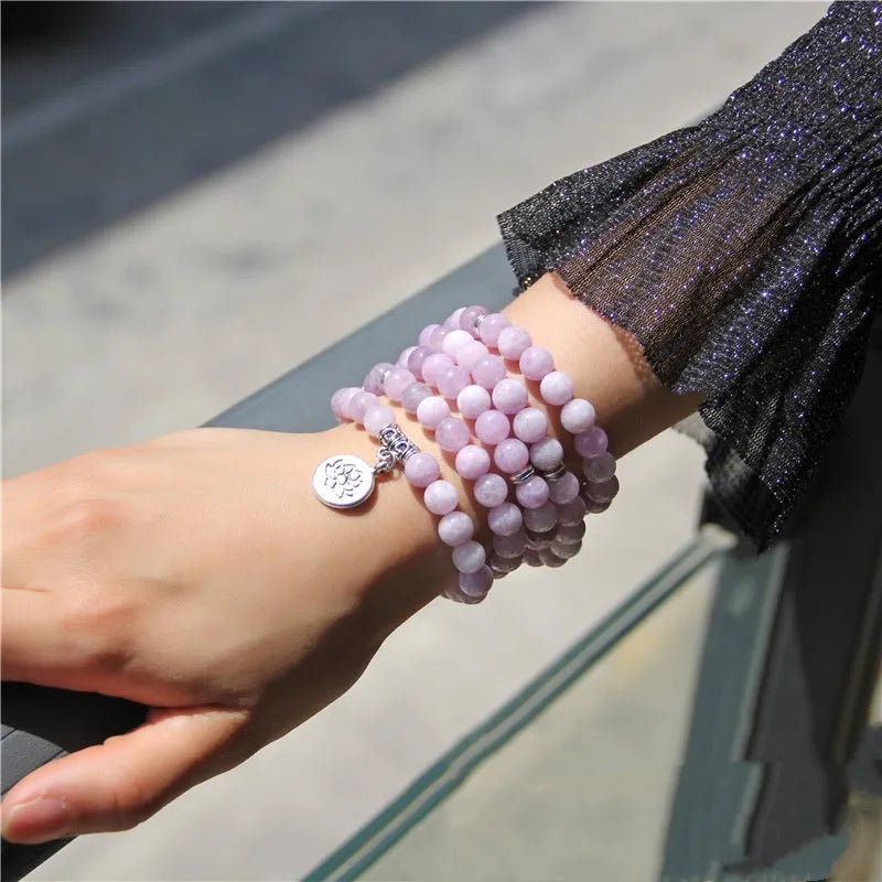 Natural stone angel echeveria bracelet in geometric shape with lotus detail on a white background.