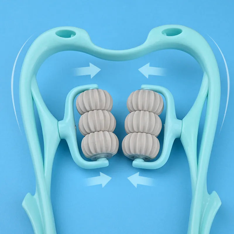 Blue plastic six-wheel electric neck and shoulder massager with control buttons on a white background