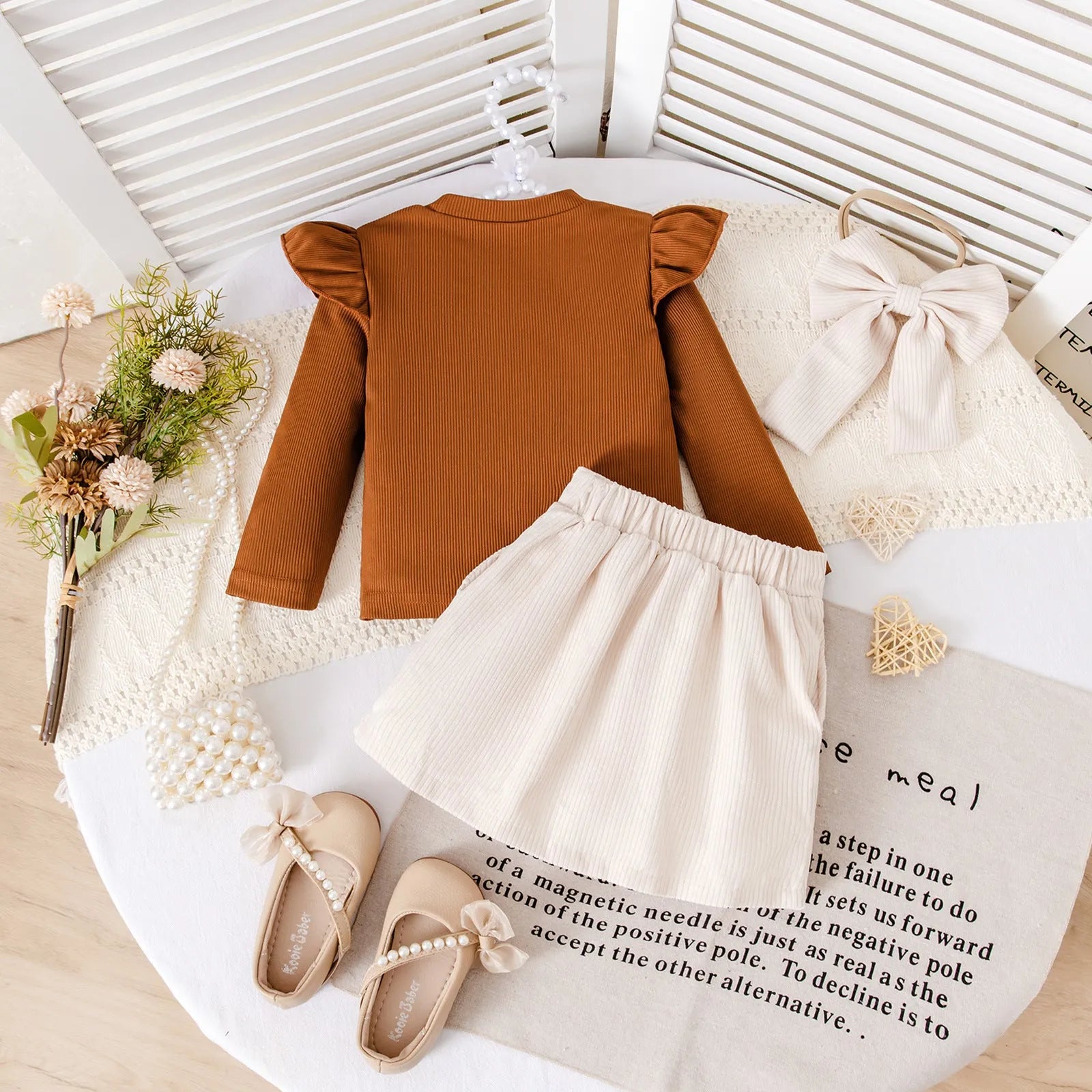 Cute printed striped long-sleeve dress set in brown for girls cotton pullover top and skirt 90-130cm