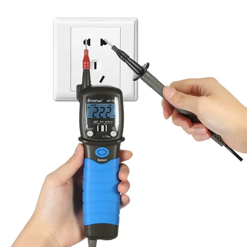 Huapu HP-38B digital pen multimeter with pen-style body, LCD display, and test leads on a white background